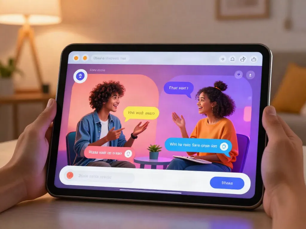 Engaging user interacting with juicy chat ai characters on a modern tablet in a cozy room.