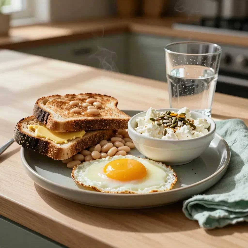 Lunchteller met ei, kwark, bonen, toast, zaden en water in warm daglicht.