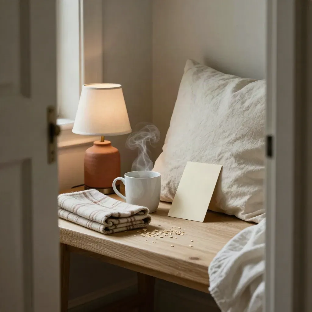 Rustige slaapkamerhoek met dampende thee, plaid, kussen, notitiekaart en lamp in warm licht.